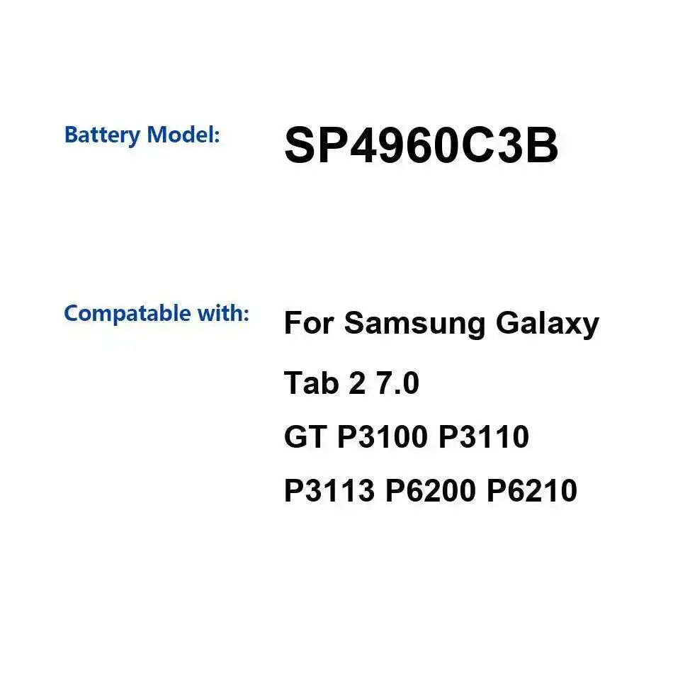 Аккумулятор для планшета SP4960C3B 4000 мАч для Samsung Galaxy Tab 2 7,0 GT P3100 P3110 P3113 P6200 P6210
Аккумулятор для планшета SP4960C3B 4000 мАч для Samsung Galaxy Tab 2 7,0 GT P3100 P3110 P3113 P6200 P6210