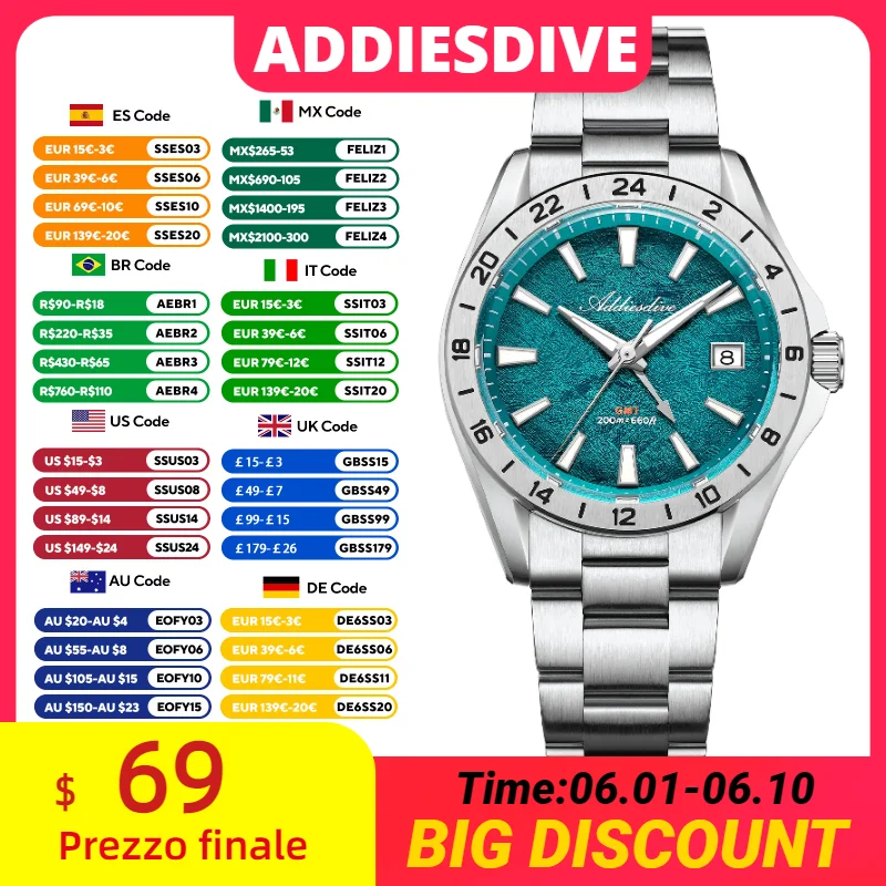 ADDIESDIVE 2026 GMT Men's Quartz Watches Waterproof 200M Super Luminous AD2548 Fashion Textured Dial Sapphire Glass Diver Watch
ADDIESDIVE 2026 GMT Men's Quartz Watches Waterproof 200M Super Luminous AD2548 Fashion Textured Dial Sapphire Glass Diver Watch