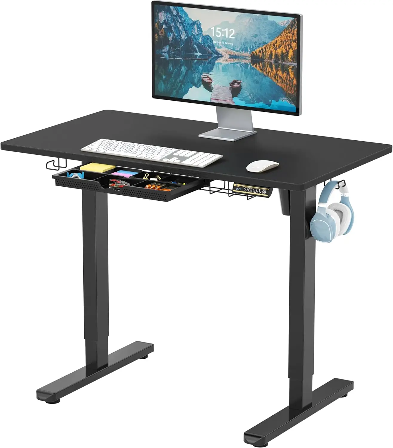 40-Inch Electric Height Adjustable Standing Desk with Drawer, Memory Preset and Cable Management Tray, Black
40-Inch Electric Height Adjustable Standing Desk with Drawer, Memory Preset and Cable Management Tray, Black