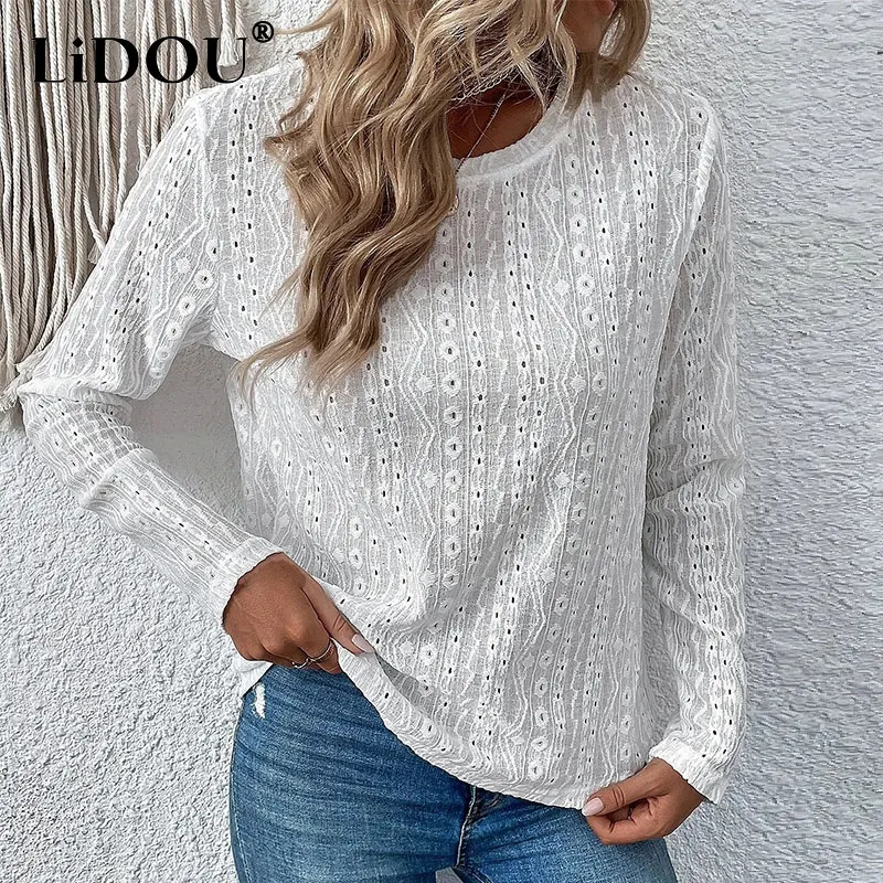 Spring Autumn New Round Neck Lace Jacquard T-shirt Ladies Loose Casual Hollow Out Pullover Top Women Solid Color All-match Tees
Spring Autumn New Round Neck Lace Jacquard T-shirt Ladies Loose Casual Hollow Out Pullover Top Women Solid Color All-match Tees