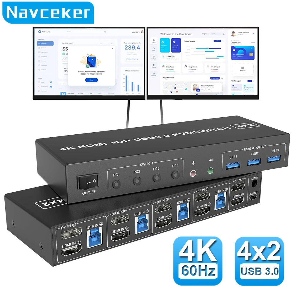 4 Port HDMI KVM USB 3.0 Switch 4X2 Dual Monitor 4K@60Hz Extended Display DP KVM Switch 4 In 2 Out for 4 PC Share Keyboard Mouse
4 Port HDMI KVM USB 3.0 Switch 4X2 Dual Monitor 4K@60Hz Extended Display DP KVM Switch 4 In 2 Out for 4 PC Share Keyboard Mouse