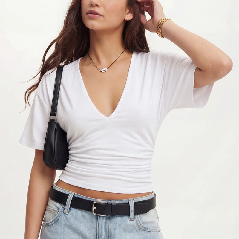 Office Lady White V-Neck Ruched T Shirts Female Casual Crop Top Half Sleeve Tees For Women 2026 Summer Street Style Slim Tops
Office Lady White V-Neck Ruched T Shirts Female Casual Crop Top Half Sleeve Tees For Women 2026 Summer Street Style Slim Tops