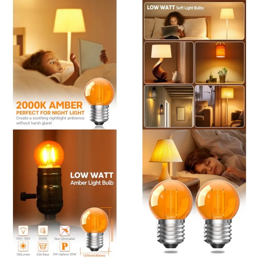 G40 LED Low Watt Light Bulb, 2W E26 Amber Bulb Equivalent 20 Watt, Low Lumen Light Bulb 2000K Dim Soft Warm Light for Bedroom B
G40 LED Low Watt Light Bulb, 2W E26 Amber Bulb Equivalent 20 Watt, Low Lumen Light Bulb 2000K Dim Soft Warm Light for Bedroom B