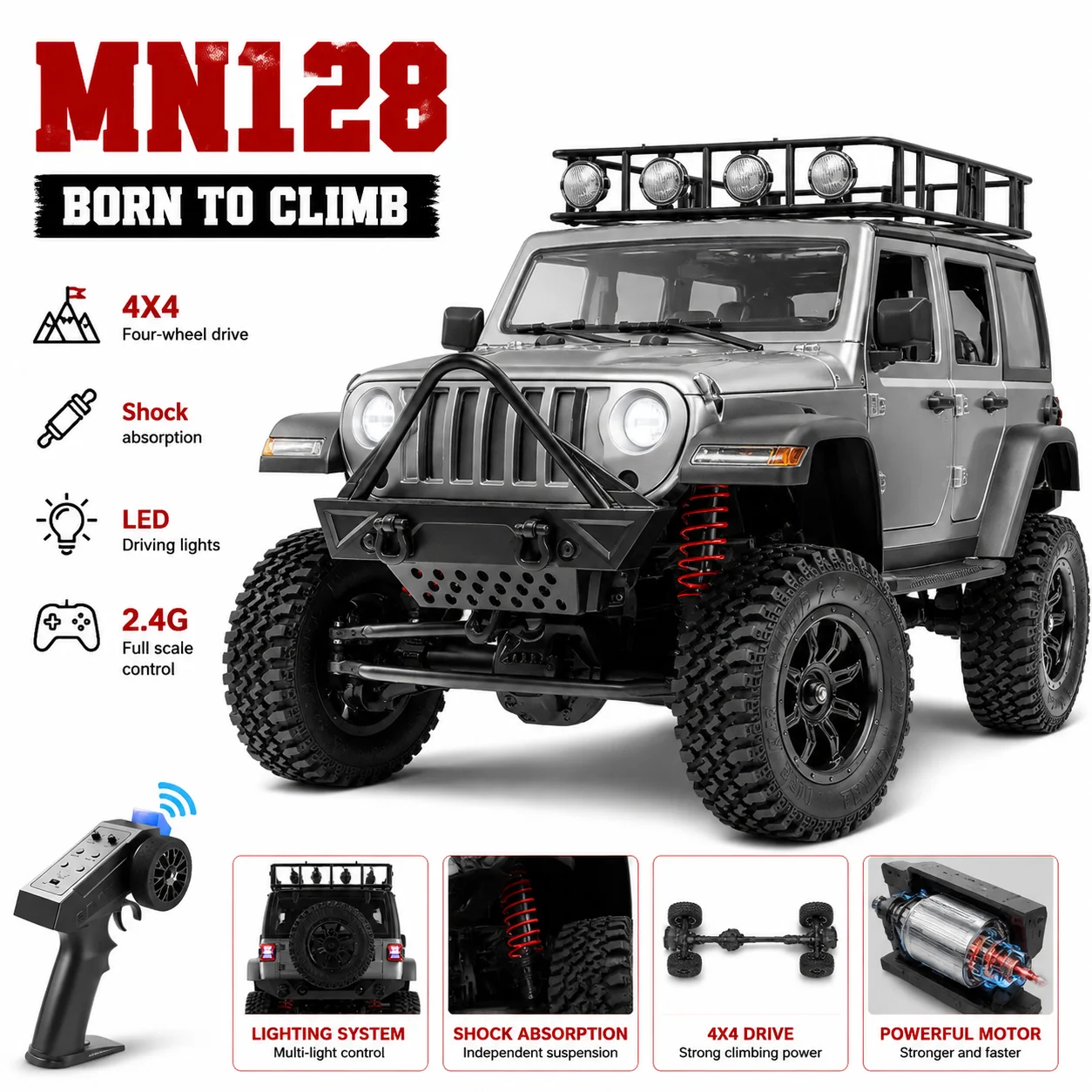 New RC Remote Control Car MN128 1/12 2.4G Four-Wheel Drive Full Proportion Mnrc RTR LED Light Off-Road Climbing Car Boy's Gift
New RC Remote Control Car MN128 1/12 2.4G Four-Wheel Drive Full Proportion Mnrc RTR LED Light Off-Road Climbing Car Boy's Gift