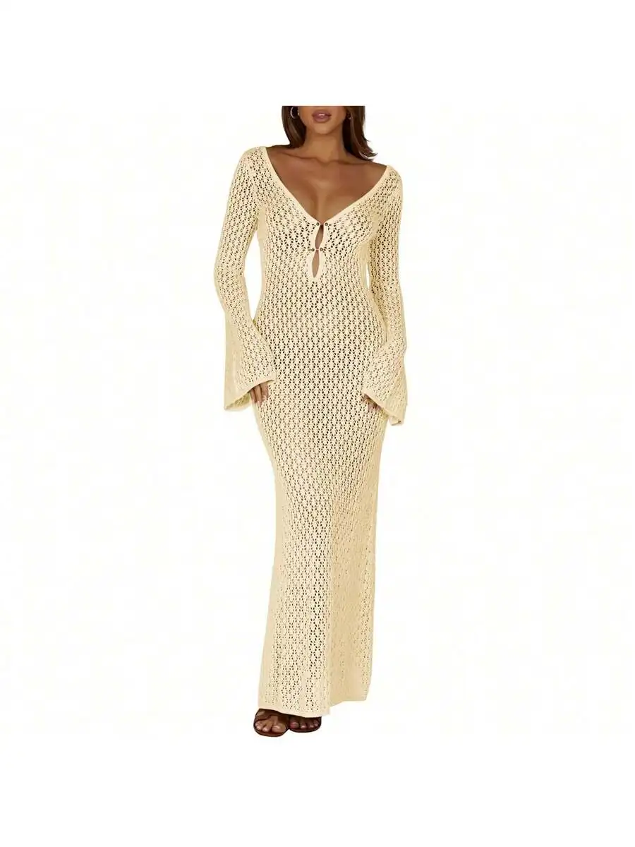 Women V Neck Crochet Maxi Dress Bell Sleeve Bodycon Hollow Out Summer Beach Cover Up
Women V Neck Crochet Maxi Dress Bell Sleeve Bodycon Hollow Out Summer Beach Cover Up