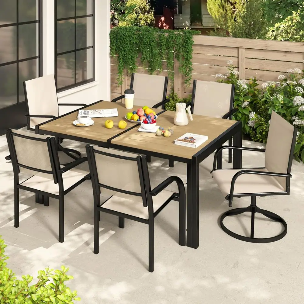 6-Piece Outdoor Dining Set with 59 Beige Textilene Chairs, 2 Swivel, 4 Standard, for Patio, Porch, Poolside
6-Piece Outdoor Dining Set with 59 Beige Textilene Chairs, 2 Swivel, 4 Standard, for Patio, Porch, Poolside