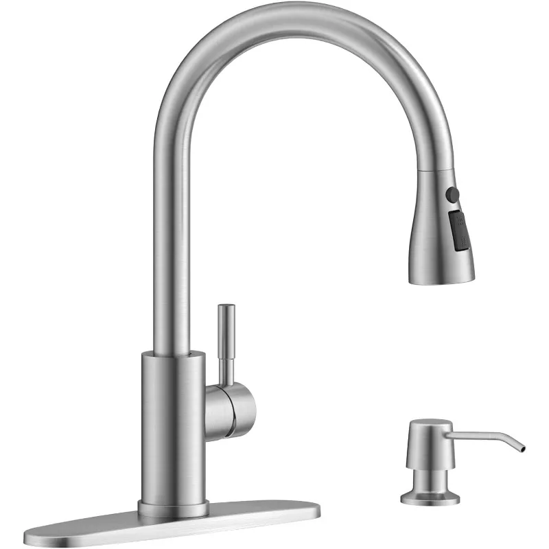 Stainless Steel Kitchen Faucet with Soap Dispenser, Pull Down Sprayer 3 Modes
Stainless Steel Kitchen Faucet with Soap Dispenser, Pull Down Sprayer 3 Modes