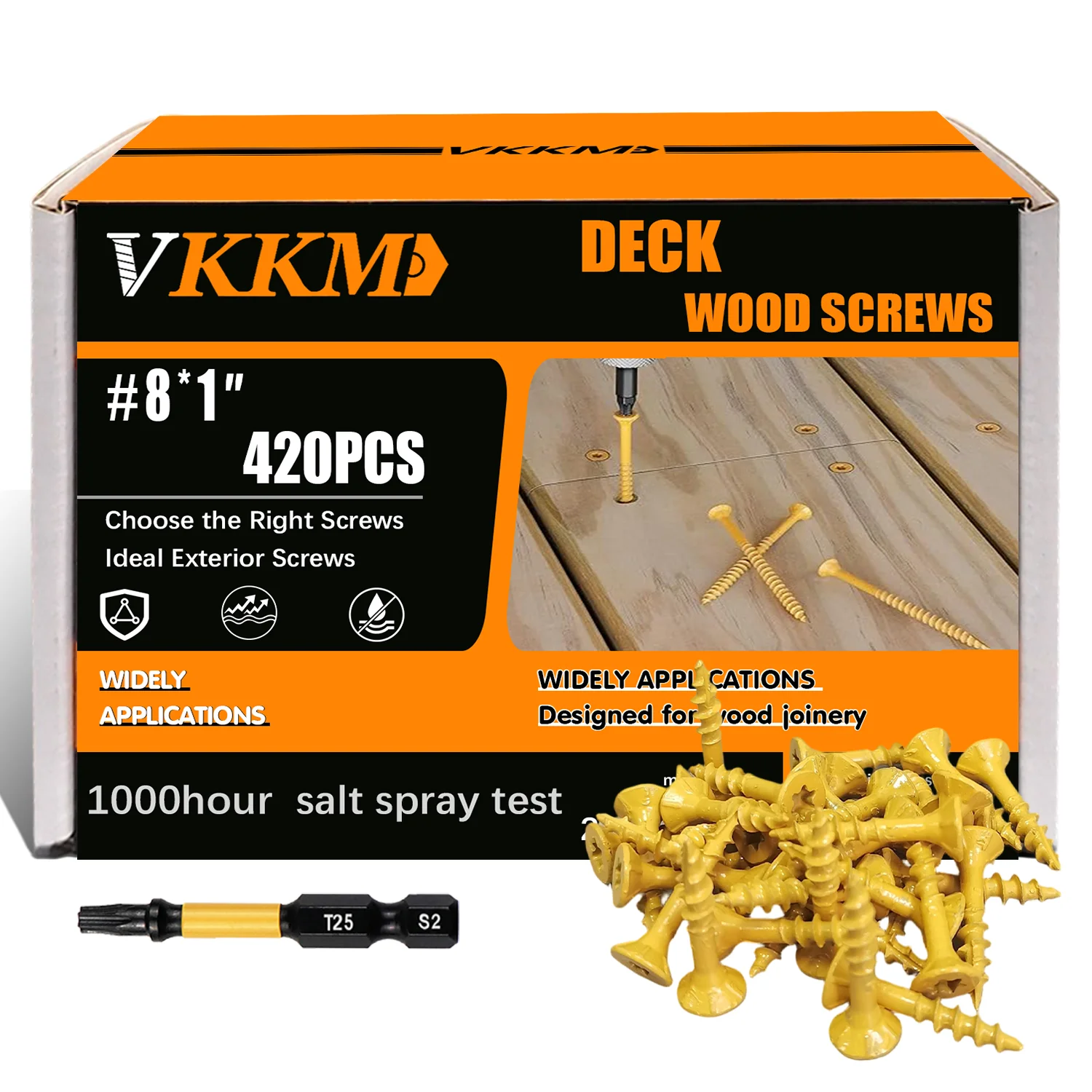 VKKM 1-inch Deck Screws, Wood Screws #8* 1,420 Pieces, Anti-rust Epoxy Resin Coating, Including Torx T25 Drive, Yellow. 
VKKM 1-inch Deck Screws, Wood Screws #8* 1,420 Pieces, Anti-rust Epoxy Resin Coating, Including Torx T25 Drive, Yellow.