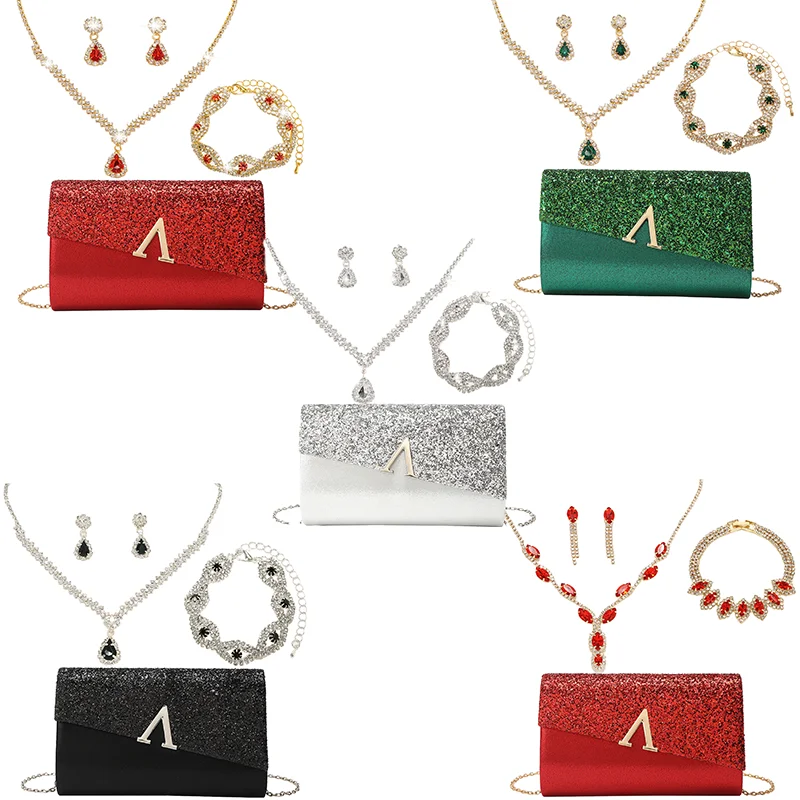 Women Elegant Sparkly Flap Clutch Bag With Necklace, Earrings ,Bracelet 4Pcs Set Evening Banquet Handbag Shoulder Wedding Purse
Women Elegant Sparkly Flap Clutch Bag With Necklace, Earrings ,Bracelet 4Pcs Set Evening Banquet Handbag Shoulder Wedding Purse