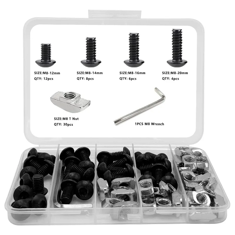 60Pcs M8 T Nuts scerws kit for 10mm T Slot Rail Aluminum Extrusion Connectors Hardware Accessories
60Pcs M8 T Nuts scerws kit for 10mm T Slot Rail Aluminum Extrusion Connectors Hardware Accessories