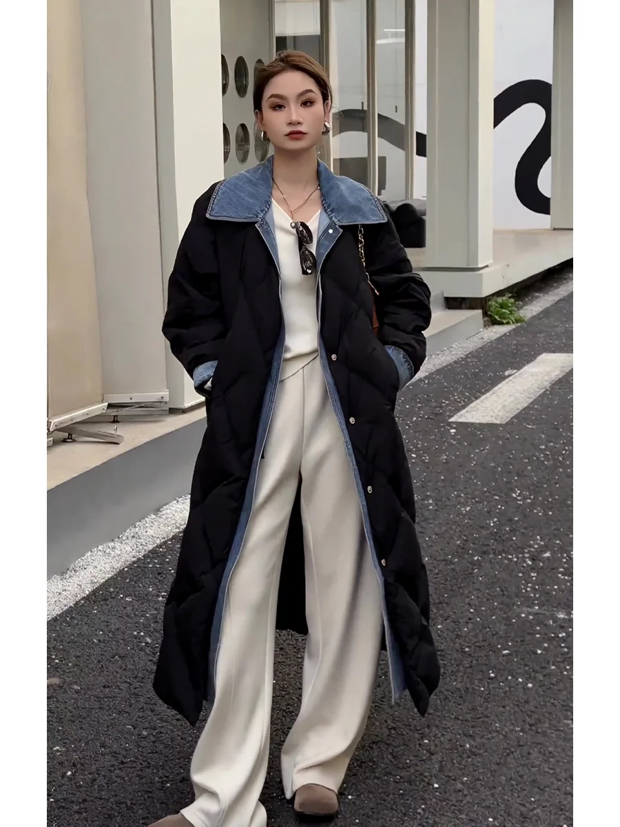 Korean Style Denim Patchwork down Jacket Women's Trendy Color Block Duck Feather Coat Long Sleeve Collar Medium Length
Korean Style Denim Patchwork down Jacket Women's Trendy Color Block Duck Feather Coat Long Sleeve Collar Medium Length