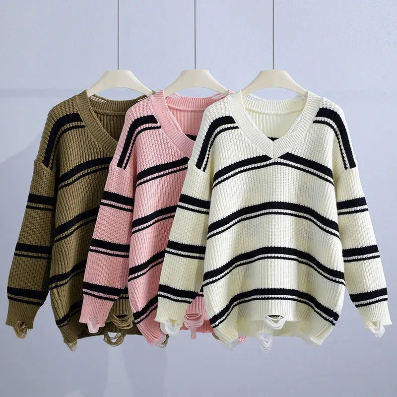 Autumn Winter Ladies V-neck Stripe Sweater Top Women Fashion Medium Long Styles Knitted Lazy Wind Female Loose Pullover Knitting
Autumn Winter Ladies V-neck Stripe Sweater Top Women Fashion Medium Long Styles Knitted Lazy Wind Female Loose Pullover Knitting