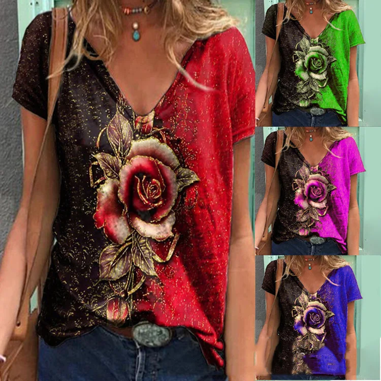 3D Rose Flower Print Women T Shirt 2023 New Summer Casual Short Sleeve V-Neck Loose Tops Ladies Clothes
3D Rose Flower Print Women T Shirt 2023 New Summer Casual Short Sleeve V-Neck Loose Tops Ladies Clothes