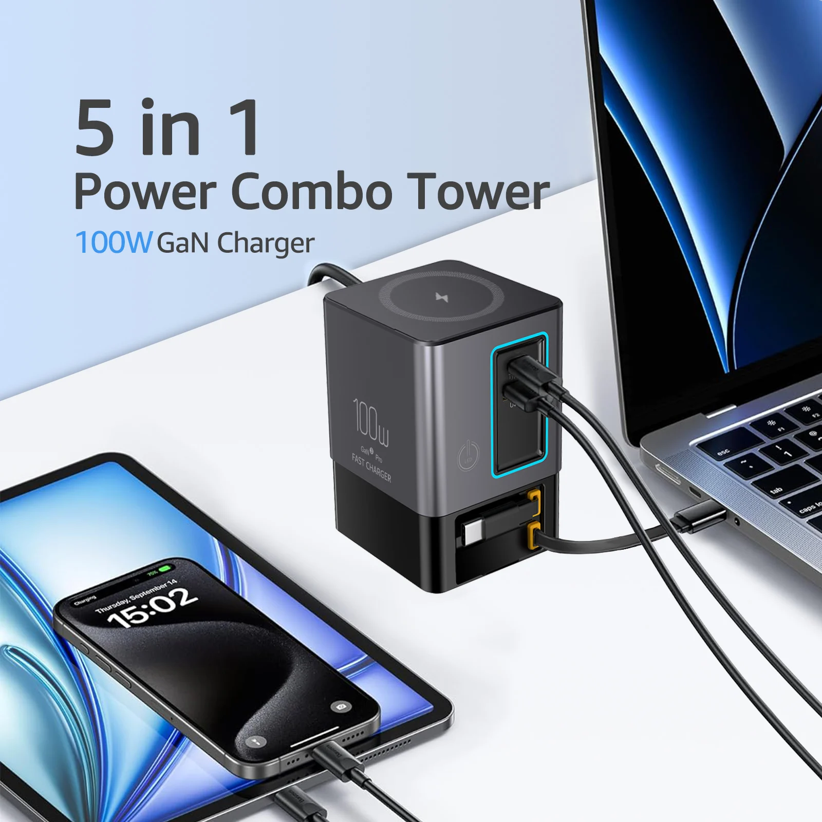 5-in-1 100W Fast Charger Station with Retractable USB-C Cable Power Combo Tower for Multiple Devices with 15W Wireless charger
5-in-1 100W Fast Charger Station with Retractable USB-C Cable Power Combo Tower for Multiple Devices with 15W Wireless charger