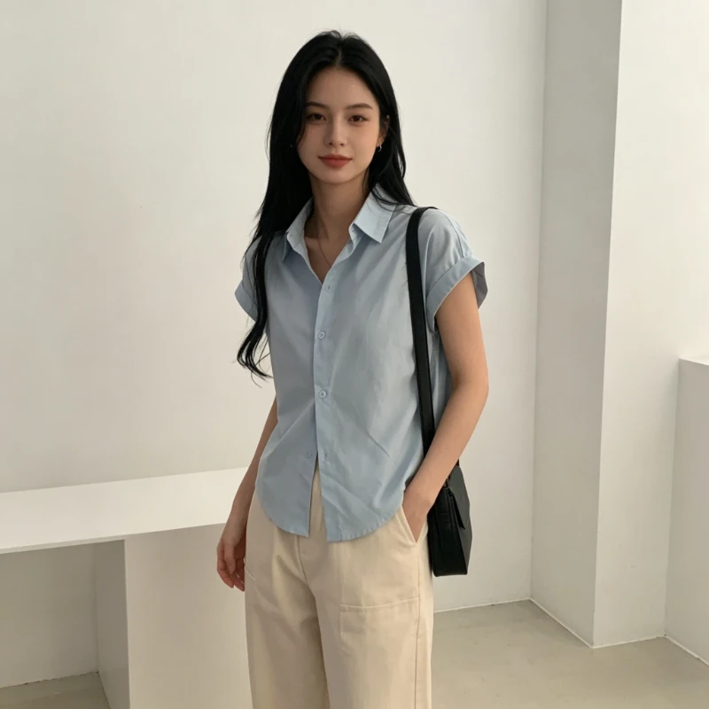 New Women's Fashion Summer Turn Down Collar Roll-Sleeved Slim-fitting Shirt Short Sleeve Blouse Blue Cardigan Top Casual Clothes
New Women's Fashion Summer Turn Down Collar Roll-Sleeved Slim-fitting Shirt Short Sleeve Blouse Blue Cardigan Top Casual Clothes