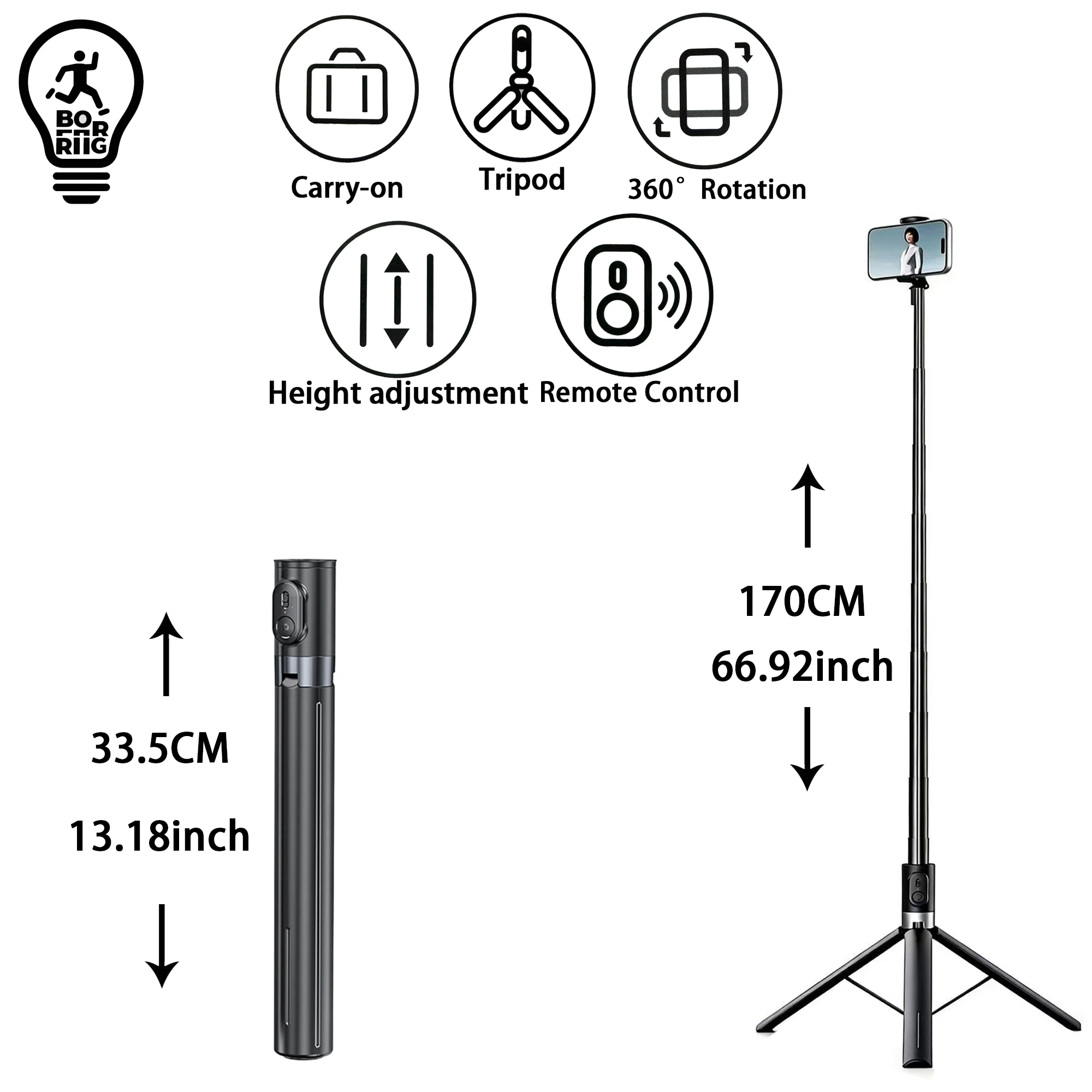 Universal Phone Tripod 1.7m Metal Selfie Stick with Wireless Bluetooth-compatible, Compatible with Sony Canon iPhone Xiaomi,
Universal Phone Tripod 1.7m Metal Selfie Stick with Wireless Bluetooth-compatible, Compatible with Sony Canon iPhone Xiaomi,