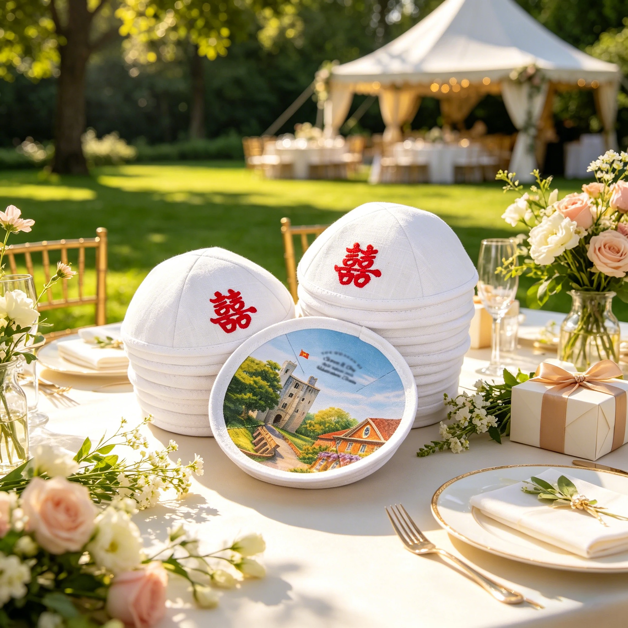 Custom pure white embroidered linen Jewish kippah, custom digital printing available. Specially designed for Jewish weddings and
Custom pure white embroidered linen Jewish kippah, custom digital printing available. Specially designed for Jewish weddings and
