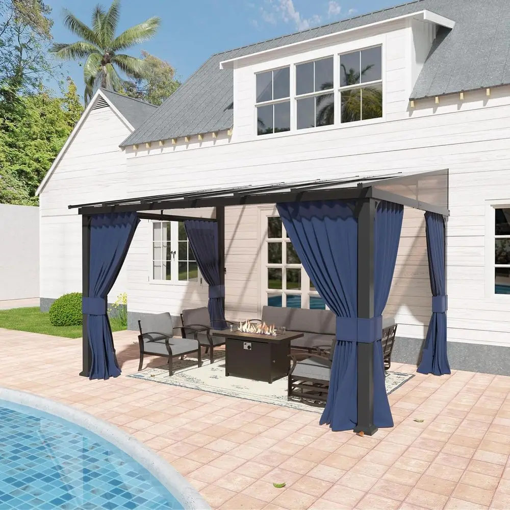 Navy Blue Outdoor Patio Gazebo with Sloping Poly Roof, Wall Mount, Netting & Curtains
Navy Blue Outdoor Patio Gazebo with Sloping Poly Roof, Wall Mount, Netting & Curtains