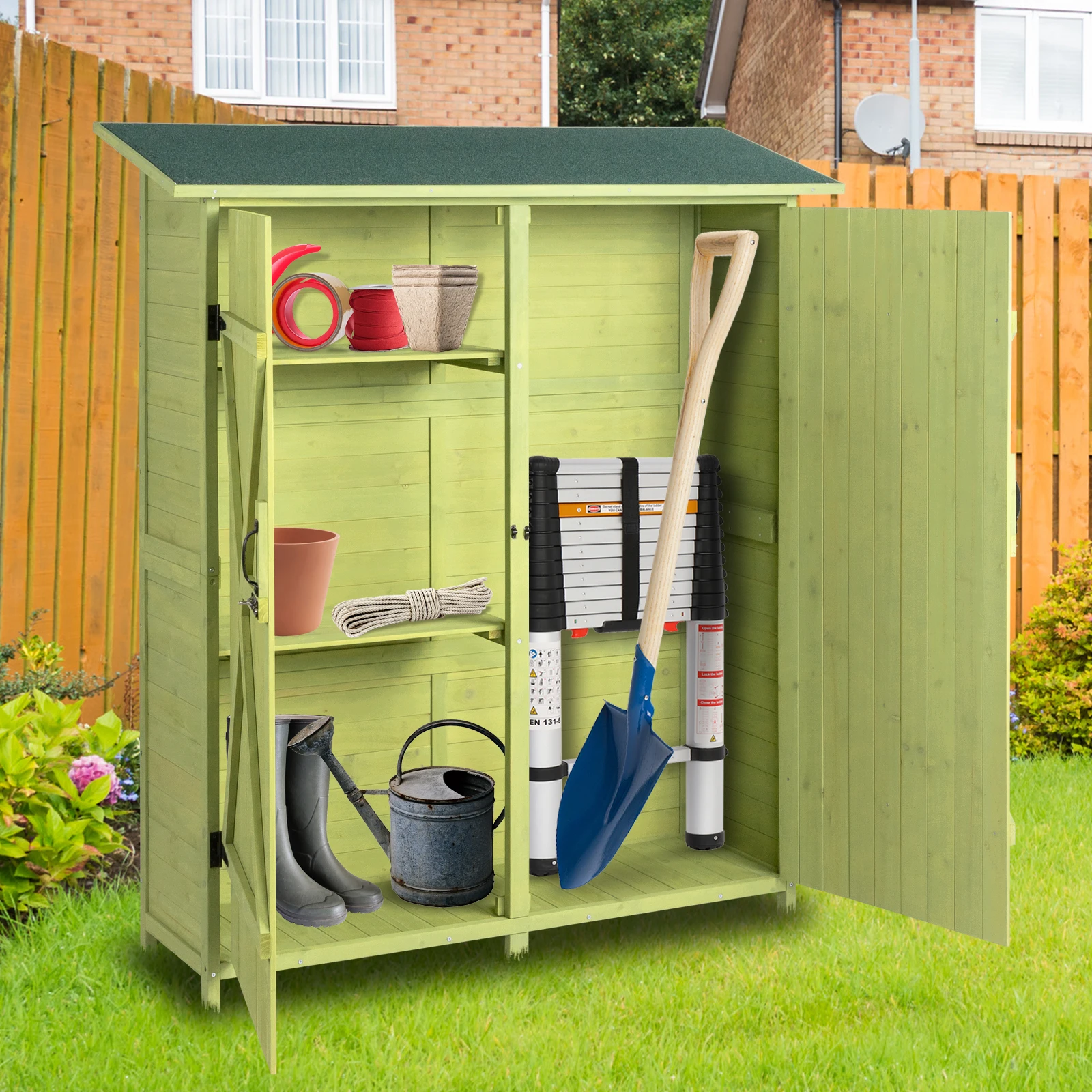 Fir Wood Shed Garden Storage Shed Green Overall Size: (55.1 x 19.7 x 63.8)"Back Plate, Side Panel, Roof
Fir Wood Shed Garden Storage Shed Green Overall Size: (55.1 x 19.7 x 63.8)"Back Plate, Side Panel, Roof