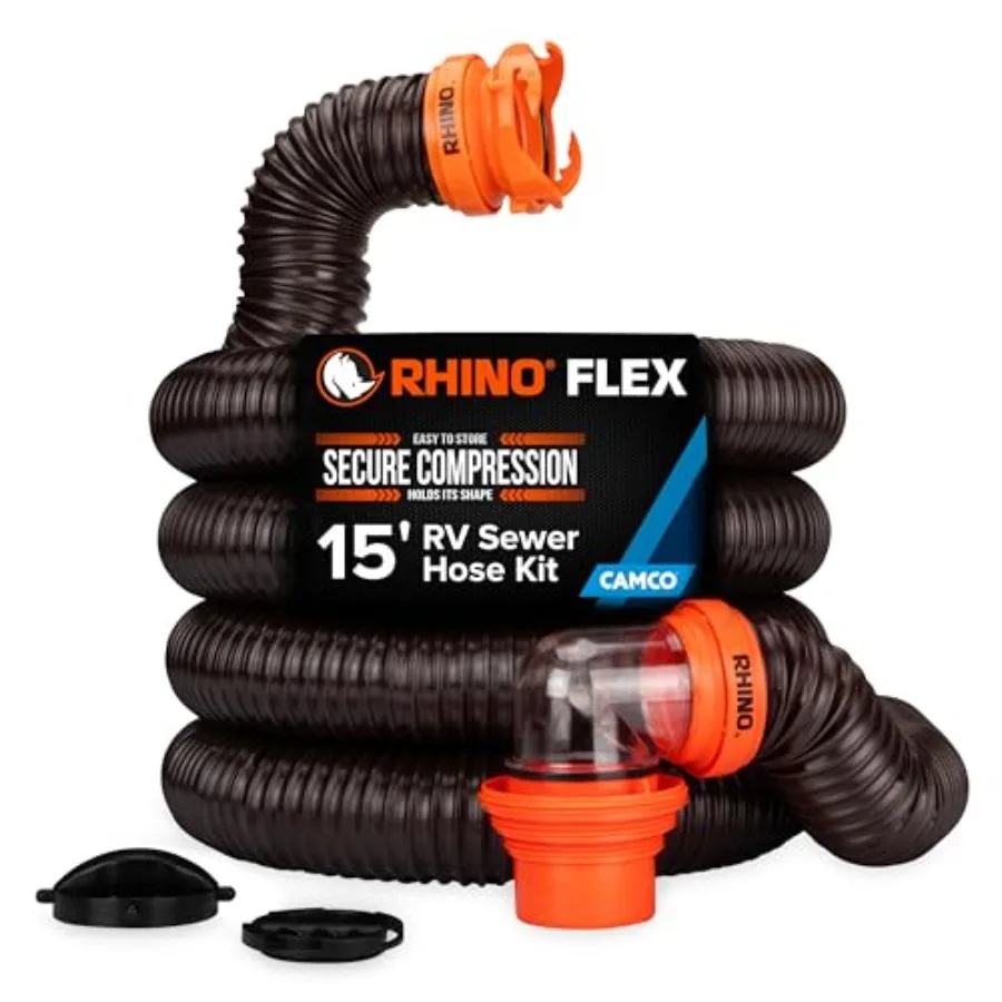 RhinoFLEX 15-Ft RV Sewer Hose Kit - Features Clear Elbow Fitting w/Removable 4-in-1 Adapter - Connects to 3" Slip or 3"/3.5"/4"
RhinoFLEX 15-Ft RV Sewer Hose Kit - Features Clear Elbow Fitting w/Removable 4-in-1 Adapter - Connects to 3" Slip or 3"/3.5"/4"