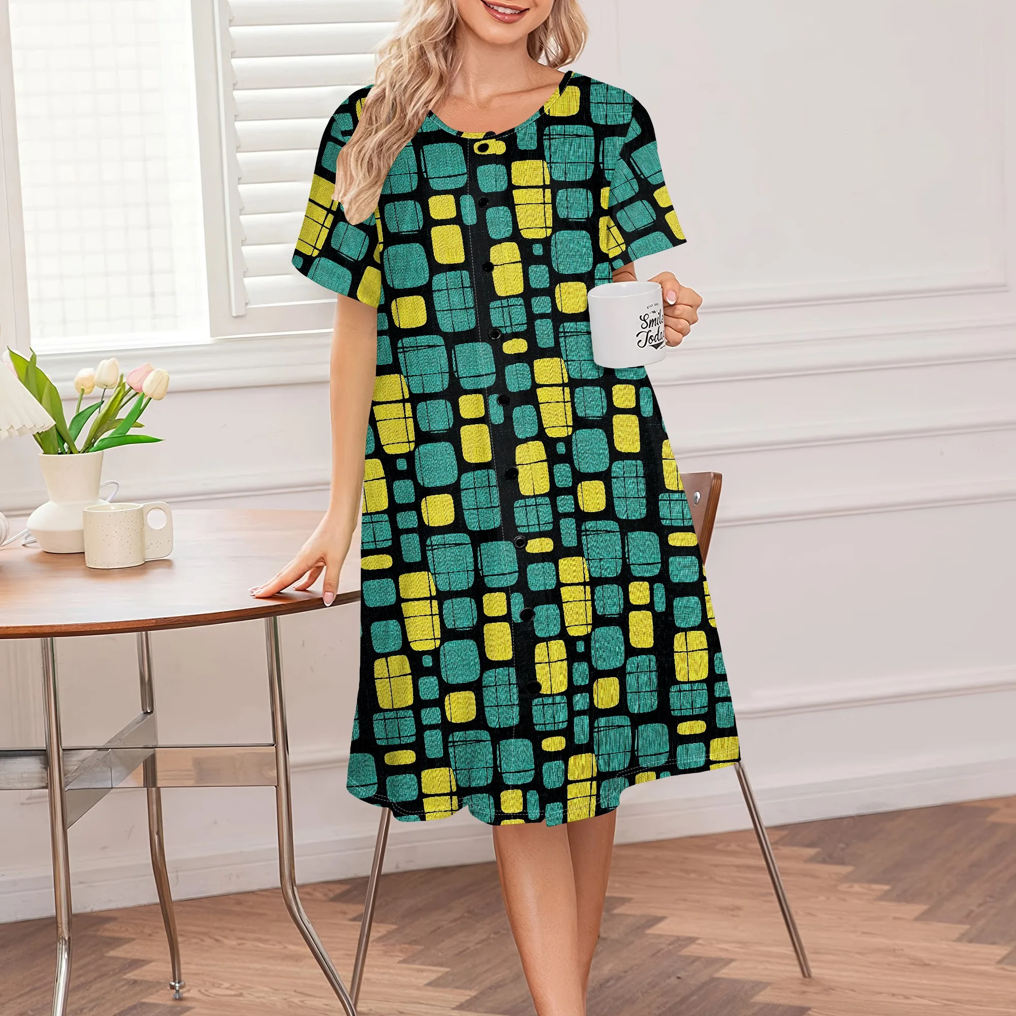 Comfortable House Dress, Geometric Rounded Square Print, Button Front, S-3XL Casual
Comfortable House Dress, Geometric Rounded Square Print, Button Front, S-3XL Casual