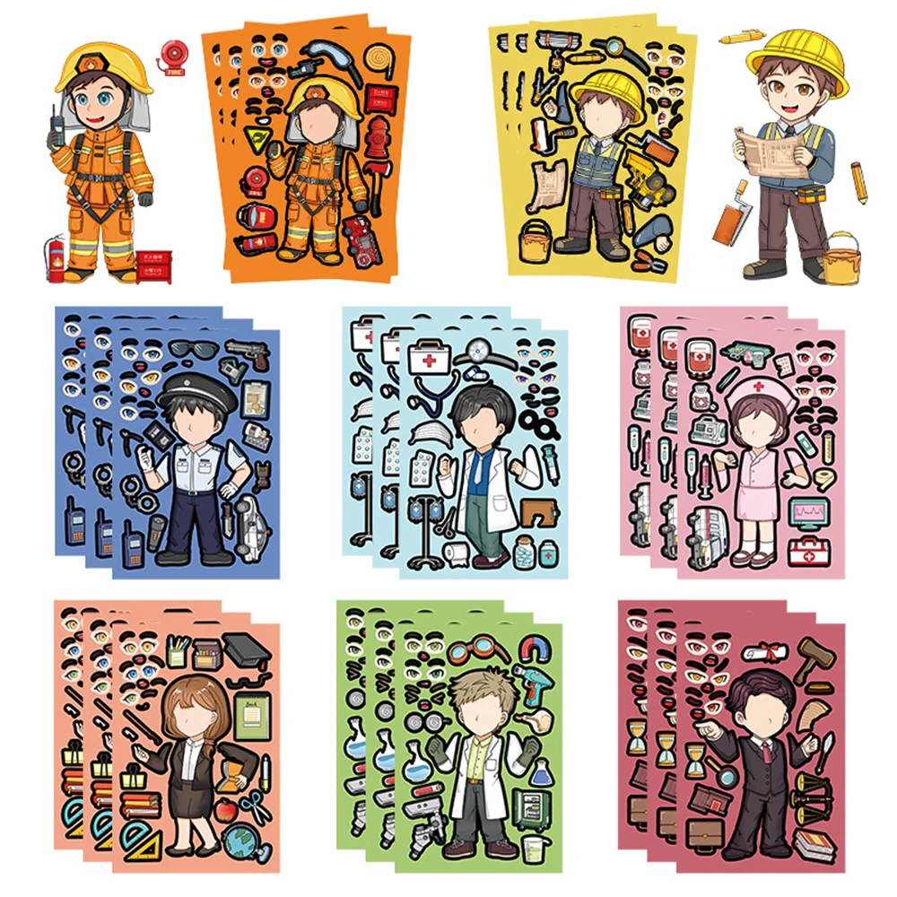 8/16sheets Cartoon Professional Figure Puzzle Stickers Cute Firefighter Doctor Make a Face DIY Assemble Jigsaw Decals Party Toy
8/16sheets Cartoon Professional Figure Puzzle Stickers Cute Firefighter Doctor Make a Face DIY Assemble Jigsaw Decals Party Toy
