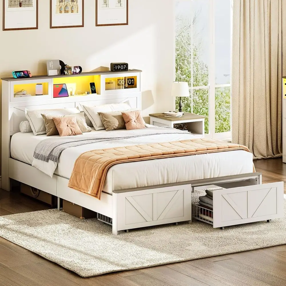 Деревянная кровать размера «queen-size» с зарядной станцией, светодиодной подсветкой и ящиками для хранения вещей, коробчатая пружина не требуется, белая
Деревянная кровать размера «queen-size» с зарядной станцией, светодиодной подсветкой и ящиками для хранения вещей, коробчатая пружина не требуется, белая