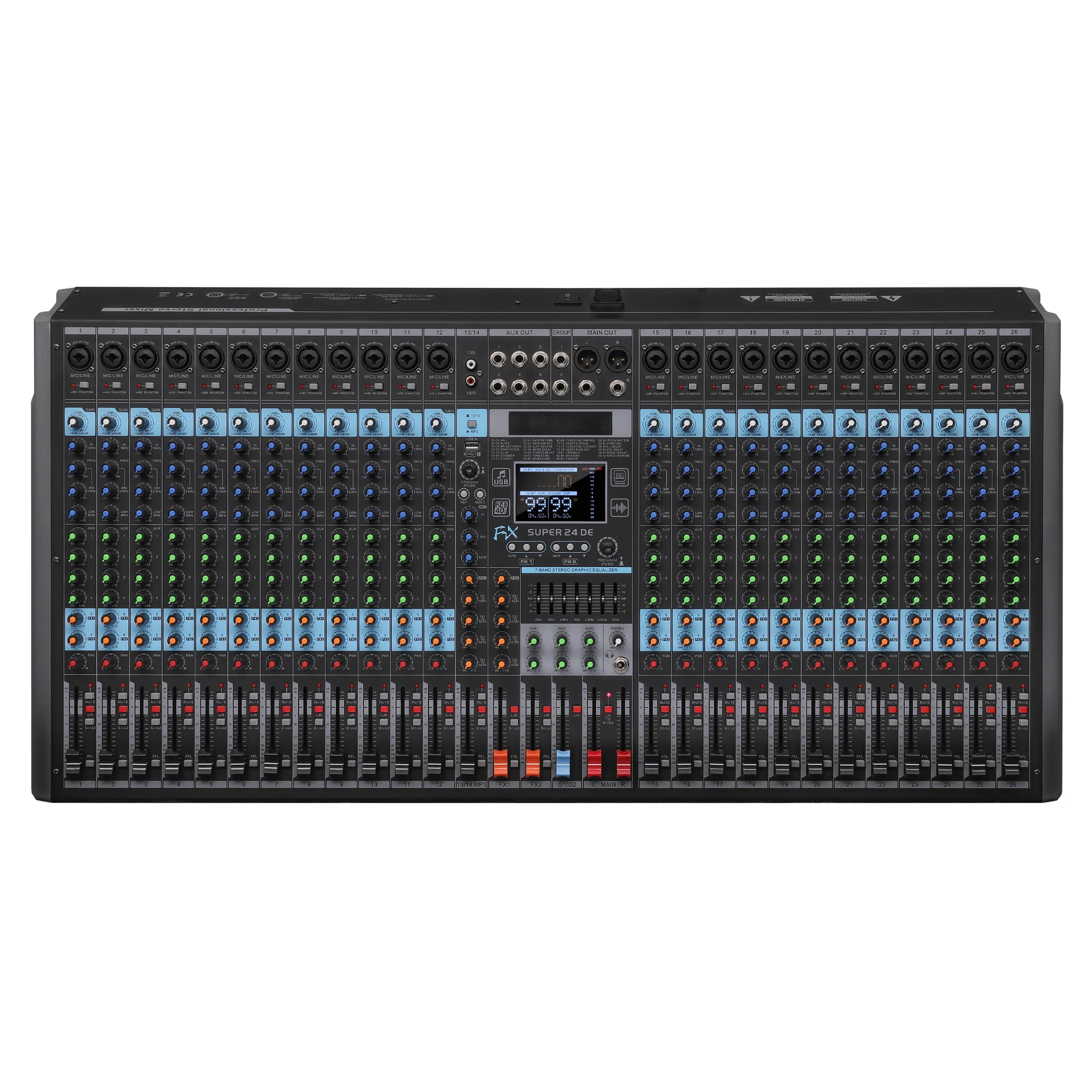 RS-26 Professional Audio Mixer 26-Channels 99 DSP +48V Phantom Power USB for Stage Karaoke Conference Wedding DJ Mixing Console
RS-26 Professional Audio Mixer 26-Channels 99 DSP +48V Phantom Power USB for Stage Karaoke Conference Wedding DJ Mixing Console