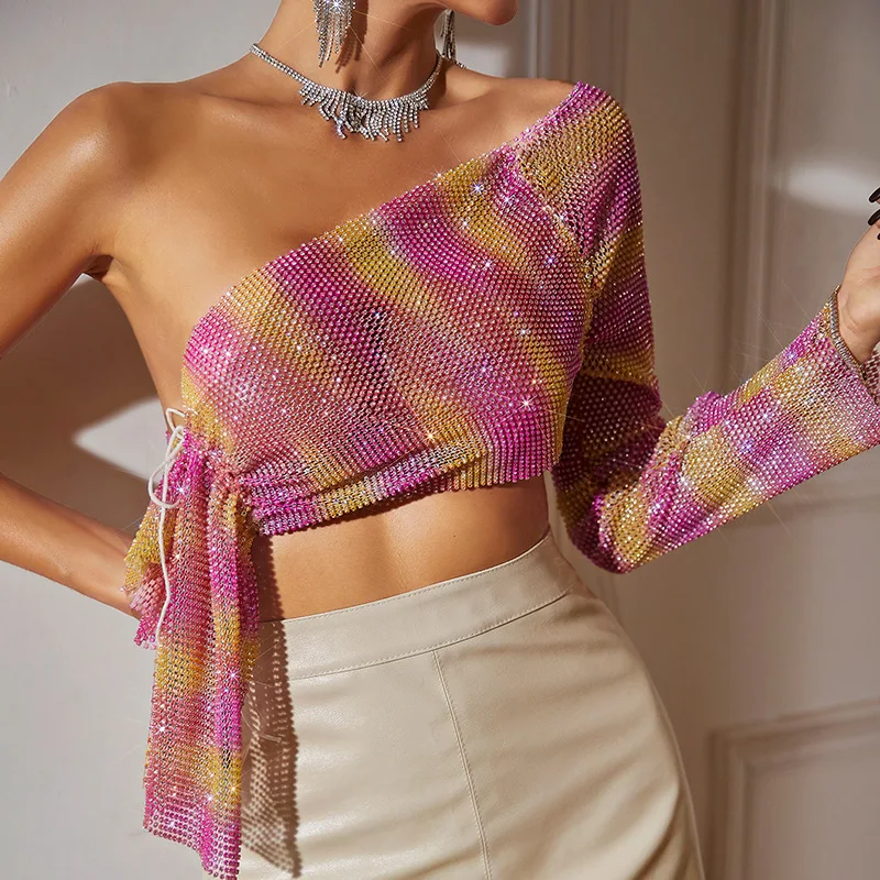 New Sexy Diagonal Shoulder Long Sleeved T-Shirt Top Off The Shoulder Top Irregular Rainbow Colored Top For Women's Clothing
New Sexy Diagonal Shoulder Long Sleeved T-Shirt Top Off The Shoulder Top Irregular Rainbow Colored Top For Women's Clothing