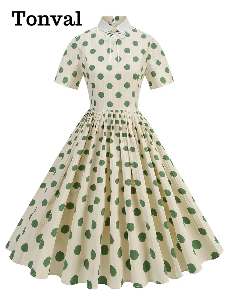 Tonval Peter Pan Collar Bow Front Women Long Dresses Elegant Clothes 2025 Summer Polka Dot Vintage Pleated Dress
Tonval Peter Pan Collar Bow Front Women Long Dresses Elegant Clothes 2025 Summer Polka Dot Vintage Pleated Dress