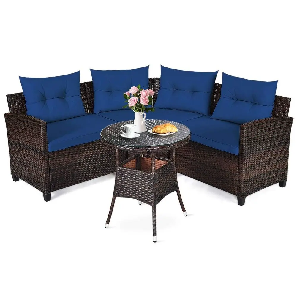 4 Pieces Rattan Patio Conversation Set, Outdoor Wicker Furniture Set with Cushioned Sofas and Coffee Table, LShape Sectional Cu