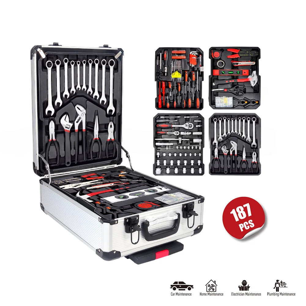 187Pcs Aluminum Trolley Case Tool Set Silver, Wheeled Trolley Tool Sets,Car Mechanics Repair Kit Set, Household Hand Tool Set
187Pcs Aluminum Trolley Case Tool Set Silver, Wheeled Trolley Tool Sets,Car Mechanics Repair Kit Set, Household Hand Tool Set