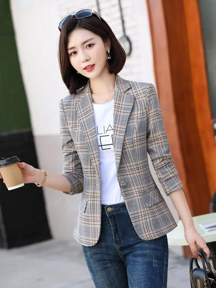 Feminino Plaid Jacket Pocket Office Lady Casual Style Business Female Blazer Women Outfit Blue Grey Long Sleeve Coat High Waist
Feminino Plaid Jacket Pocket Office Lady Casual Style Business Female Blazer Women Outfit Blue Grey Long Sleeve Coat High Waist