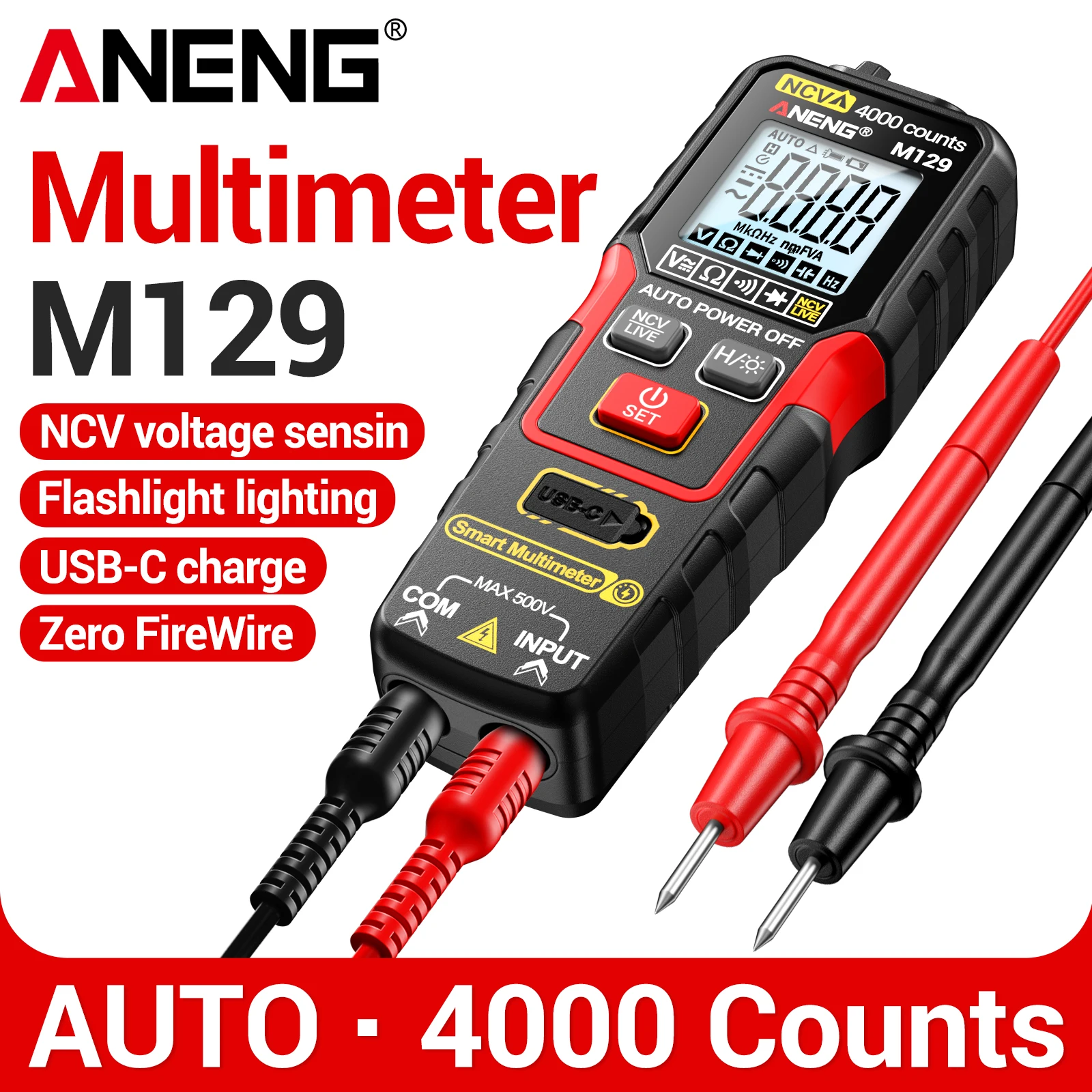 ANENG M129 Mini Digital Multimeter 4000 Counts Auto-Ranging NCV Type-C Charging Flashlight Portable Tool for Electrician Repair
ANENG M129 Mini Digital Multimeter 4000 Counts Auto-Ranging NCV Type-C Charging Flashlight Portable Tool for Electrician Repair