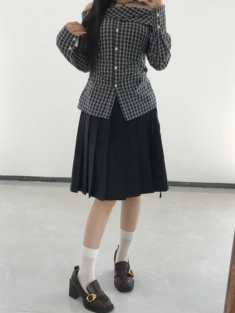 Korean Sle High Waist Slimming Skirt And irt Set Women's Long Sve oulder Bared Plaid Faion Autumn Wear Two Piece Set
Korean Sle High Waist Slimming Skirt And irt Set Women's Long Sve oulder Bared Plaid Faion Autumn Wear Two Piece Set
