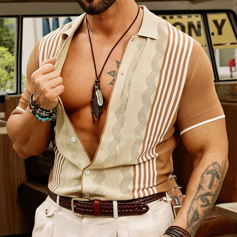 Summer Casual Slim Knitted Ice Silk Shirt Men Fashion Patchwork Striped Knit Shirts Vintage Buttoned Lapel Mens Knitting Shirts
Summer Casual Slim Knitted Ice Silk Shirt Men Fashion Patchwork Striped Knit Shirts Vintage Buttoned Lapel Mens Knitting Shirts