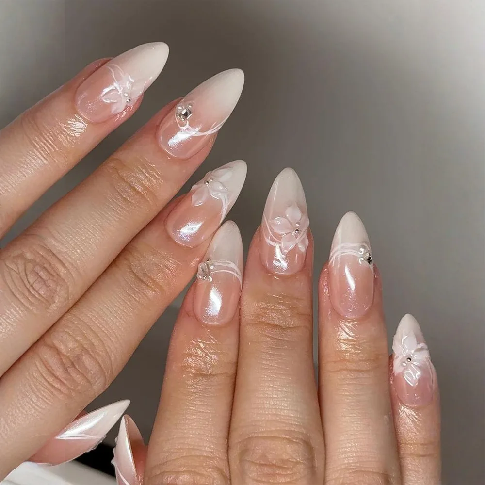 24Pcs Mid-length Almond Reusable False Nails White Pink Gradient French Press on Fake Nails 3D Flower Rhinestone Manicure Tips
24Pcs Mid-length Almond Reusable False Nails White Pink Gradient French Press on Fake Nails 3D Flower Rhinestone Manicure Tips