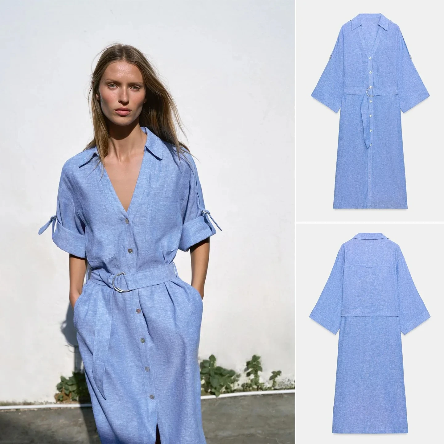 Blue Linen Blend Shirt Midi Dress Lapel V Neck Roll Tab Sleeve Belted Waist Side Pockets Front Split Vacation Long Dress 260701
Blue Linen Blend Shirt Midi Dress Lapel V Neck Roll Tab Sleeve Belted Waist Side Pockets Front Split Vacation Long Dress 260701