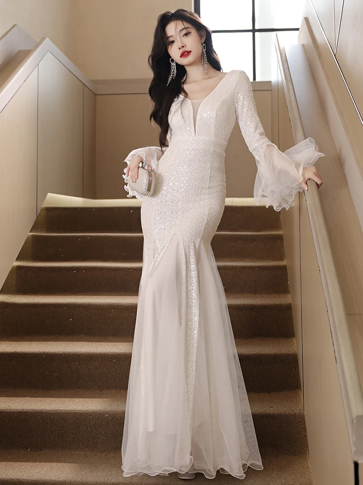 Ele White Fi Tail Gown for Annual Cany Dinner Par Long Sve V Ne Sparkling Sequins Korean Sle mid Waist Dr
Ele White Fi Tail Gown for Annual Cany Dinner Par Long Sve V Ne Sparkling Sequins Korean Sle mid Waist Dr