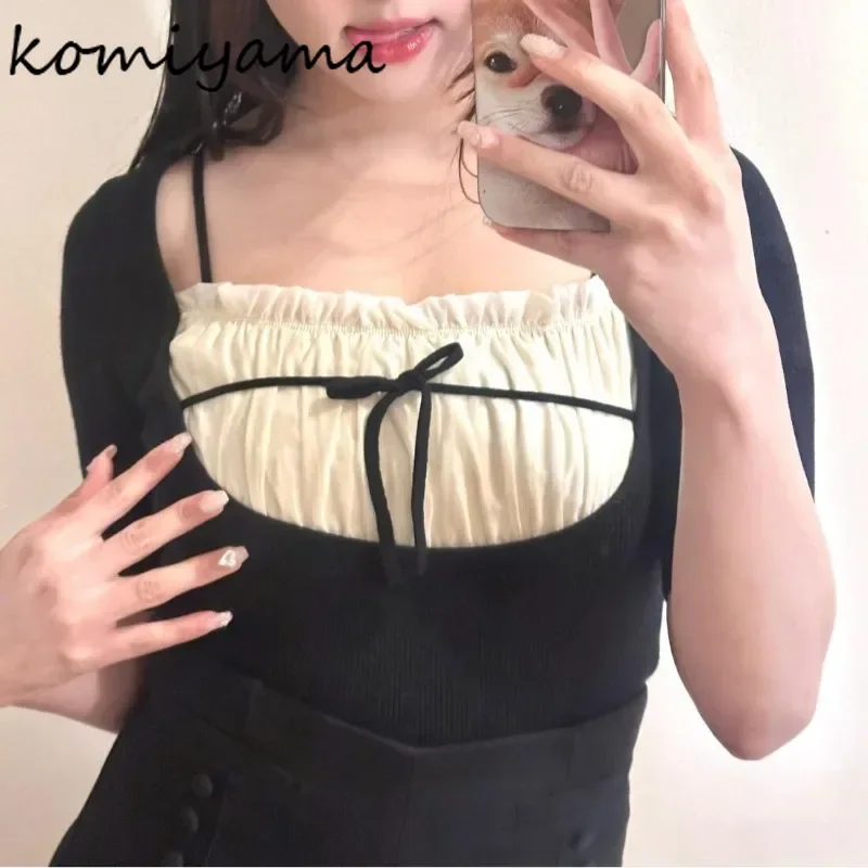Одежда с квадратным воротником и короткими рукавами, поддельные два Ropa Mujer, японская милая женская одежда, вязаные майки с бантом, летние топы 
Одежда с квадратным воротником и короткими рукавами, поддельные два Ropa Mujer, японская милая женская одежда, вязаные майки с бантом, летние топы