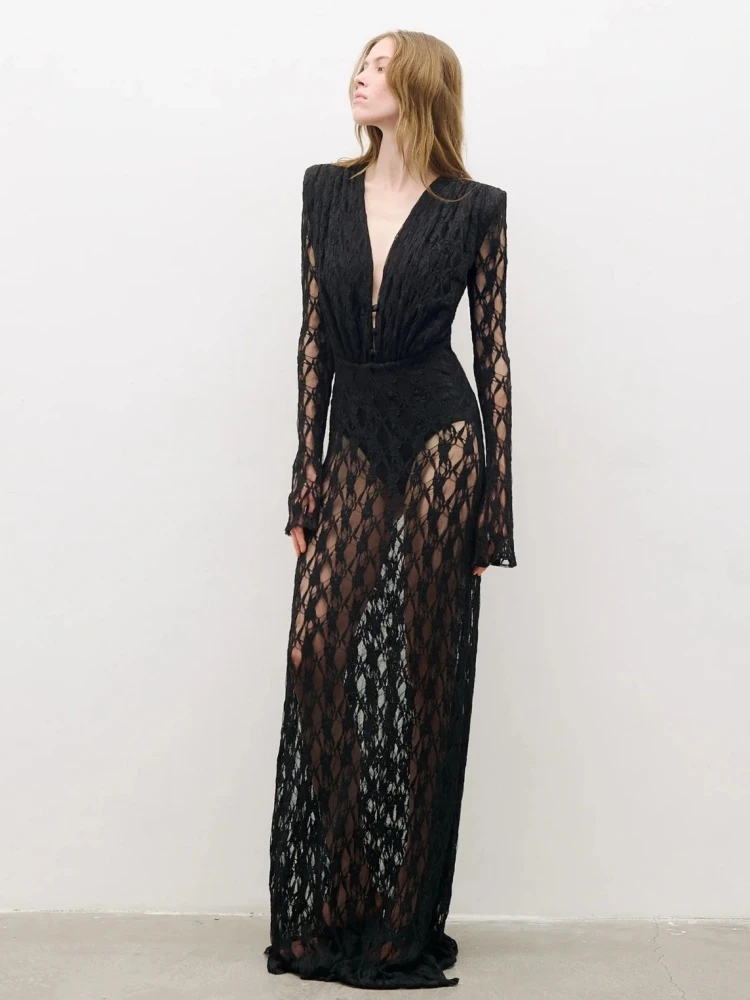 Sexy Deep V Neck Lace Long Sleeves Long Dress Women Black Lace Flods Slim Dresses Evening Party Cocktail Gowns
Sexy Deep V Neck Lace Long Sleeves Long Dress Women Black Lace Flods Slim Dresses Evening Party Cocktail Gowns