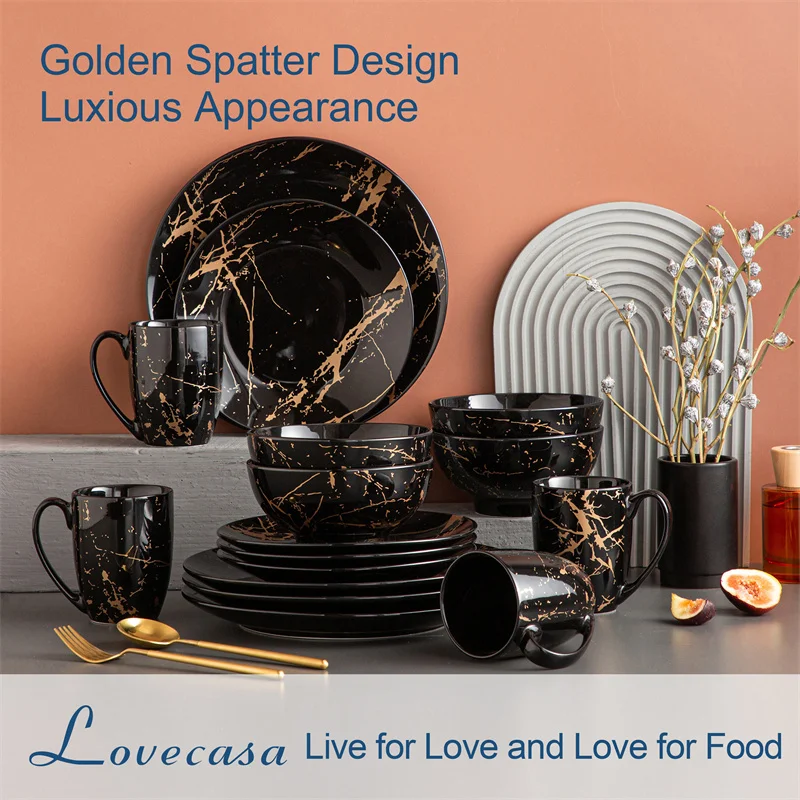16Pcs Black Procelain Tableware Set Design By Gold Splash with Dinner Plate/Cake plate/Bowls/Coffee Cups Kitchen Dinner Ware Set
16Pcs Black Procelain Tableware Set Design By Gold Splash with Dinner Plate/Cake plate/Bowls/Coffee Cups Kitchen Dinner Ware Set
