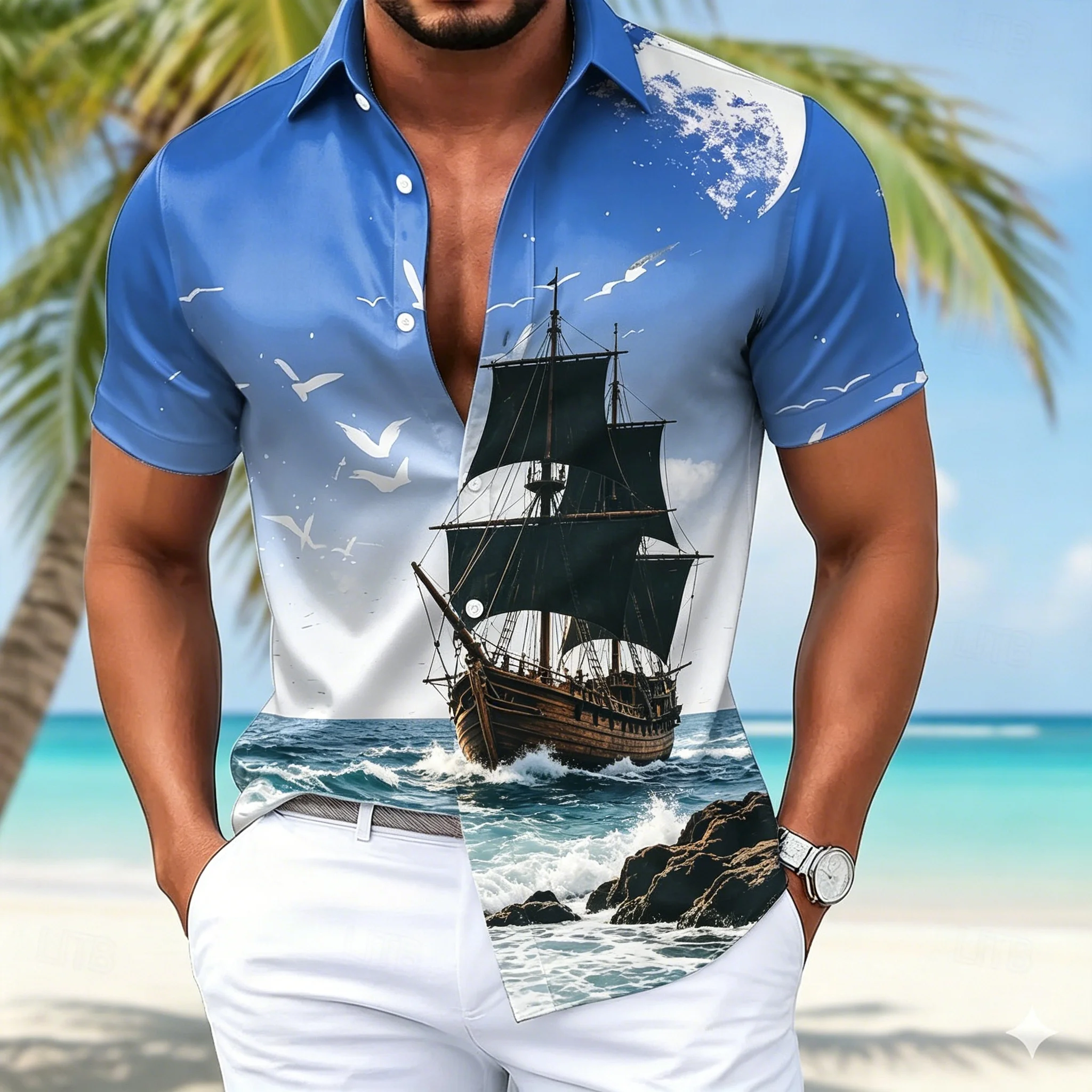 Men's Short Sleeve Button Shirt, Gradient Sky Pirate Ship Seagull Ocean Wave Print, for Summer Beach Daily Vacation Outfits
Men's Short Sleeve Button Shirt, Gradient Sky Pirate Ship Seagull Ocean Wave Print, for Summer Beach Daily Vacation Outfits