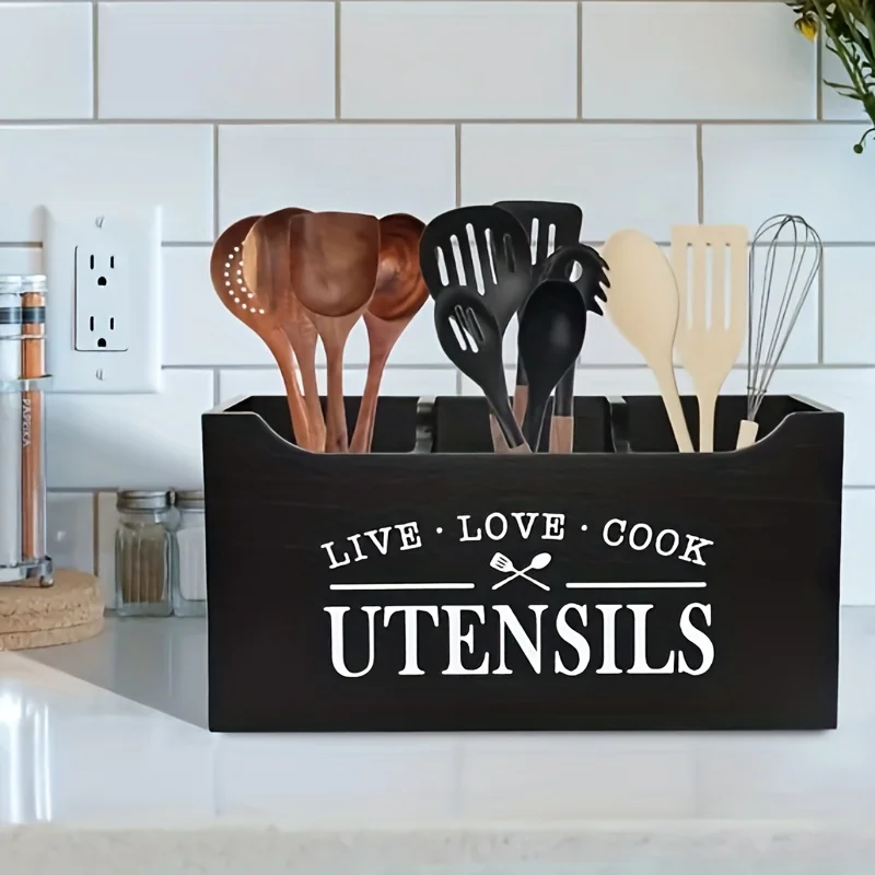 Classic Wooden Utensil Holder Caddy with "Live Love Cook" Motif, Open Top Kitchen Organizer Baskets & Containers
Classic Wooden Utensil Holder Caddy with "Live Love Cook" Motif, Open Top Kitchen Organizer Baskets & Containers