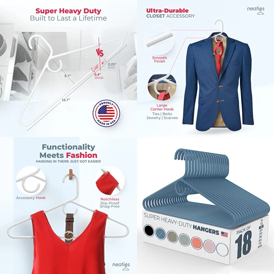 Super Heavy Duty Clothes Hangers 18 Pack Made in the USA - 10lb Capacity, Thick Plastic Hangers for Pants, Coats, Jackets, Jean
Super Heavy Duty Clothes Hangers 18 Pack Made in the USA - 10lb Capacity, Thick Plastic Hangers for Pants, Coats, Jackets, Jean