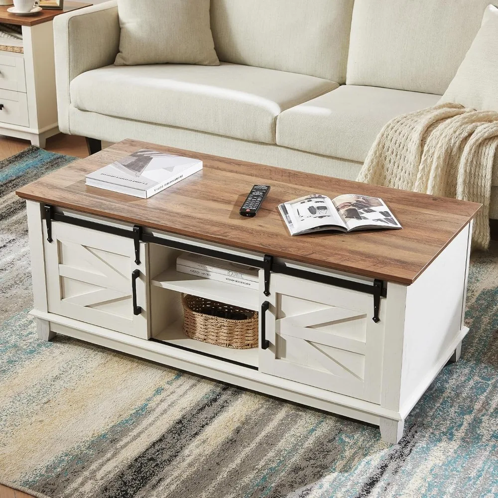 Farmhouse Coffee Table with Sliding Barn Doors & Storage Cabinet for Living Room, 48" Modern Center Table, Adjustable Shelves,
Farmhouse Coffee Table with Sliding Barn Doors & Storage Cabinet for Living Room, 48" Modern Center Table, Adjustable Shelves,