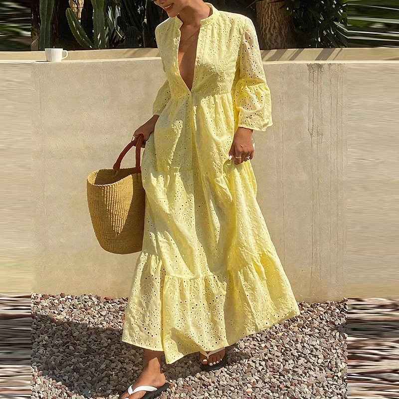 Bohemian Solid Hollow Jacquard Maxi Dress Women Spring 3/4 Flare Sleeve Loose Long Dress New Casual Half Open Collar Party Dress
Bohemian Solid Hollow Jacquard Maxi Dress Women Spring 3/4 Flare Sleeve Loose Long Dress New Casual Half Open Collar Party Dress