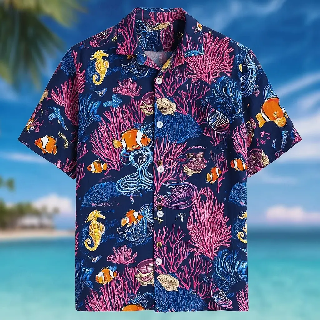 Men's Navy Underwater Coral Fish Print Button Down Shirt, Casual Tops for Spring Summer Beachwear & Vacation Occasions
Men's Navy Underwater Coral Fish Print Button Down Shirt, Casual Tops for Spring Summer Beachwear & Vacation Occasions