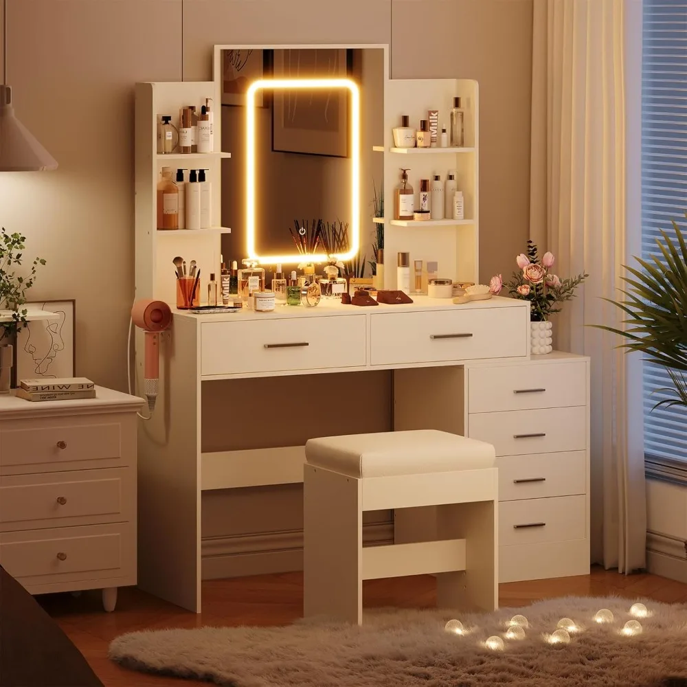 Makeup Vanities, Makeup Vanity with Charging Station 3 Lighting Color Adjustable 6 Drawers and Shelves, Vanity Desk Mirror Light
Makeup Vanities, Makeup Vanity with Charging Station 3 Lighting Color Adjustable 6 Drawers and Shelves, Vanity Desk Mirror Light