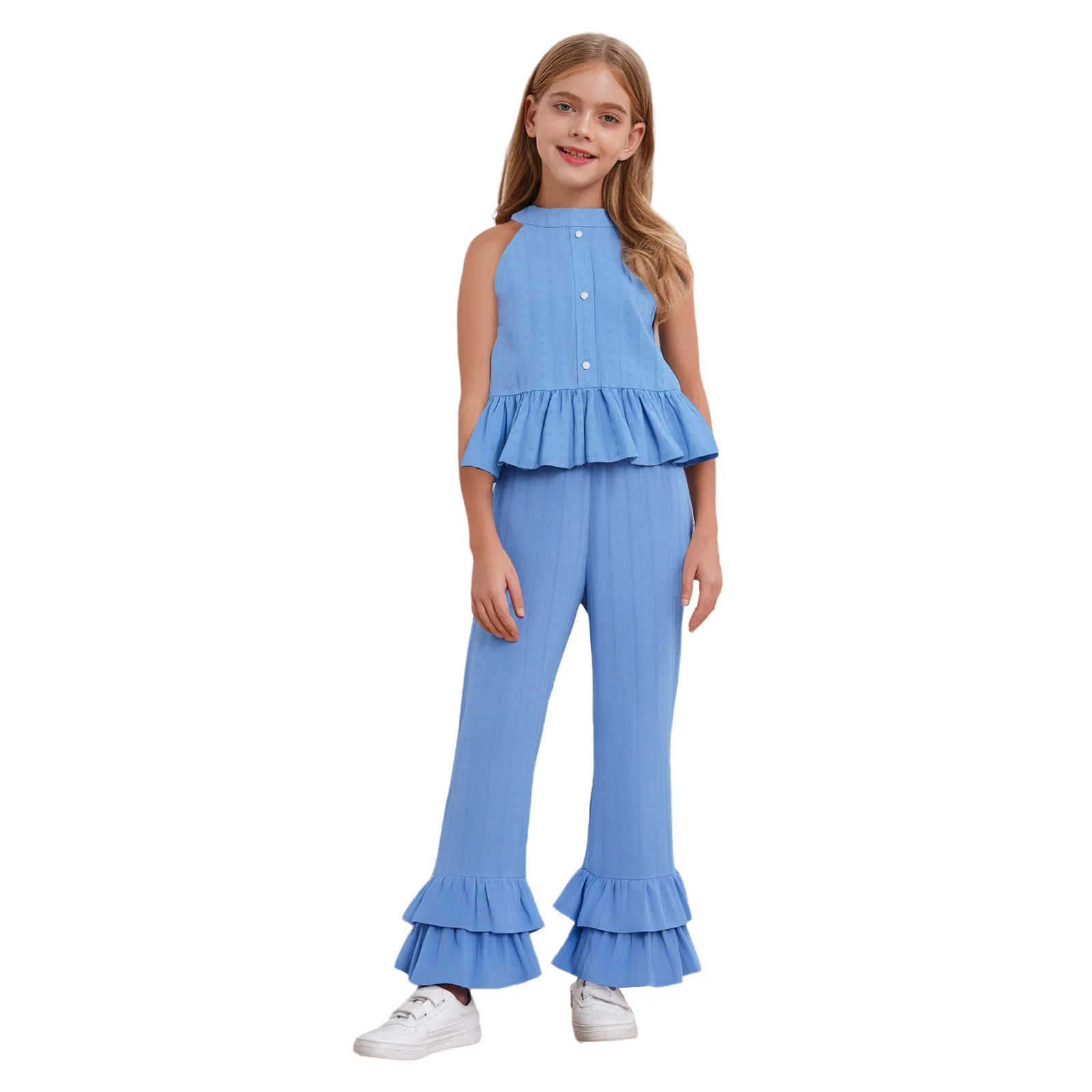 Kids Girls Stripes Jacquard Outfit Keyhole Back Ruffled Hem Sleeveless Top with Tiered Bell-Bottomed Pants for Vacation Travel
Kids Girls Stripes Jacquard Outfit Keyhole Back Ruffled Hem Sleeveless Top with Tiered Bell-Bottomed Pants for Vacation Travel